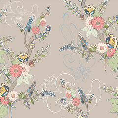 Image showing Seamless background. Illustration blossoming tree and bird. 