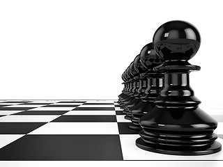 Image showing Black pawns stand in a row on a chessboard