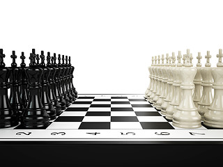 Image showing Black and white chess kings stand in a row opposite to each other on a chessboard