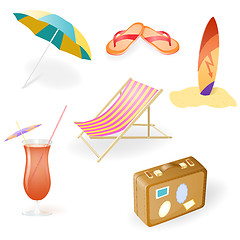 Image showing Vector Beach Set From Chaise Lounge, Beach  Umbrella, Beach Footwear, Cocktail, Suitcase and Surfboard