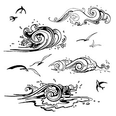 Image showing Sea waves set. Hand drawn vector illustration.