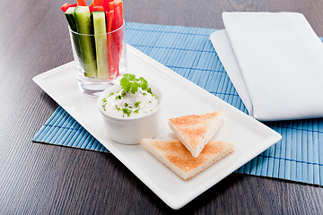 Image showing fresh vegetables and cream cheese dip snack