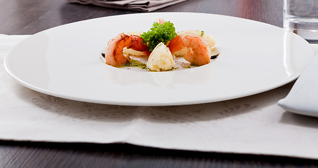 Image showing grilled shrimps with potato and kohlrabi puree