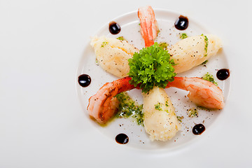 Image showing grilled shrimps with potato and kohlrabi puree