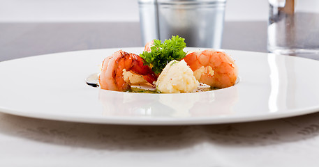 Image showing grilled shrimps with potato and kohlrabi puree