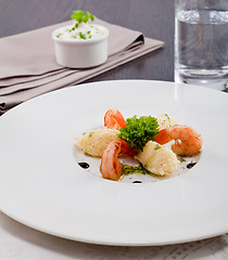 Image showing grilled shrimps with potato and kohlrabi puree