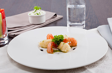 Image showing grilled shrimps with potato and kohlrabi puree