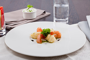 Image showing grilled shrimps with potato and kohlrabi puree