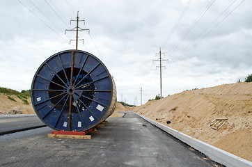 Image showing high voltage cable reel roll road construction 