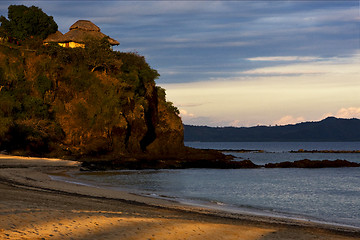 Image showing sunrise  stone house cabin