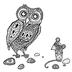 Image showing Decorative Owl & Mouse. Cartoon illustration isolated.