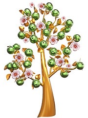 Image showing golden tree with green apples and white flowers