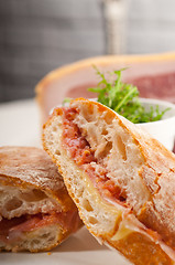 Image showing ciabatta panini sandwich with parma ham and tomato