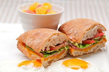 Image showing ciabatta panini sandwich eggs tomato lettuce