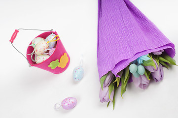 Image showing Easter eggs with tulips and bucket