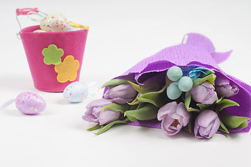 Image showing Easter eggs with bucket and tulips