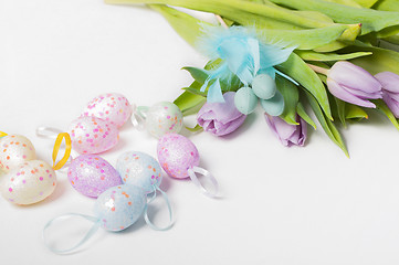 Image showing Easter eggs with tulips