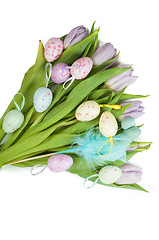Image showing Tulip bouquet and Easter eggs