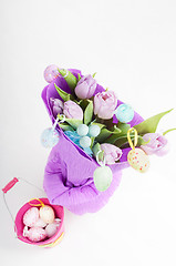 Image showing Easter eggs with bucket and tulips