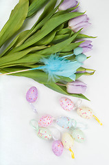 Image showing Easter eggs and tulip bouquet