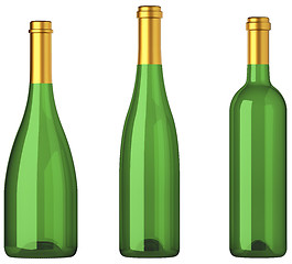Image showing Three green bottles for wine with golden labels isolated