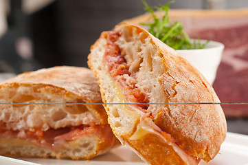 Image showing ciabatta panini sandwich with parma ham and tomato