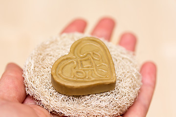 Image showing Heart soap on the sponge