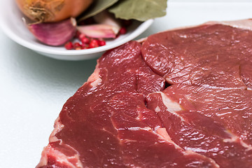 Image showing Beef steak with bowl of spices