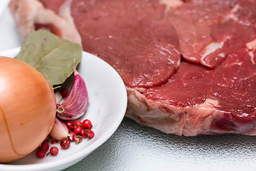 Image showing Beef steak with bowl of spices