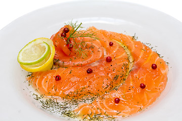 Image showing Salmon carpaccio with pink pepper