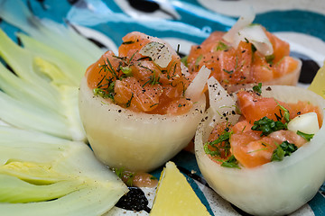 Image showing Salmon tartar in onion cups