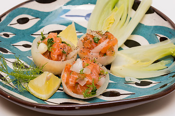 Image showing Salmon tartar in onion cups