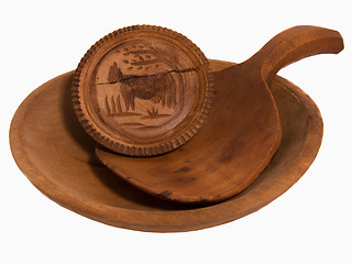 Image showing Antique butter stamp, scoop, bowl