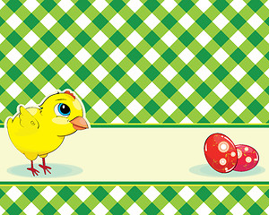 Image showing checkered background with chicken and easter eggs