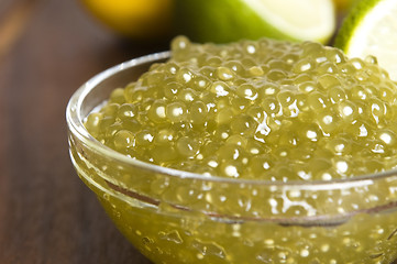 Image showing tapioca pearls with lime. white bubble tea ingredients