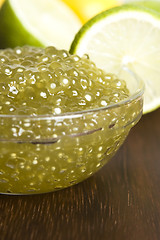 Image showing tapioca pearls with lime. white bubble tea ingredients