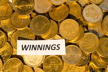 Image showing Winnings sign at a coin stack