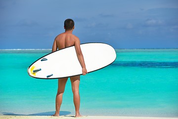 Image showing Man with surf board on beach