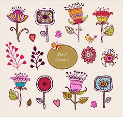 Image showing Hand Drawn floral elements. Set of flowers.