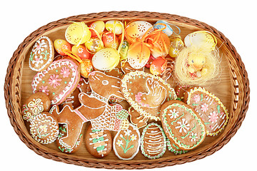 Image showing collection of easter gingerbreads and painted eggs