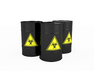 Image showing Three black barrels with biohazard