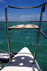 Image showing  catamaran  boat  and coastline in Deer Island mauritius