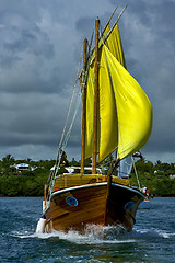 Image showing  cloudy  pirate boat  and coastline in mauritius