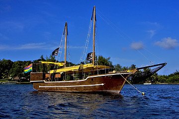 Image showing pirate boat  and coastline in mauritius