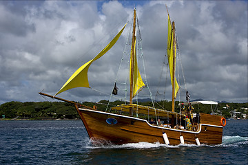 Image showing tropical lagoon  pirate boat  and coastline 