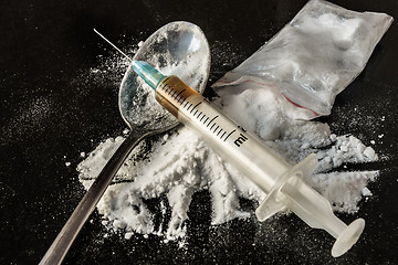 Image showing Drug syringe and cooked heroin on spoon