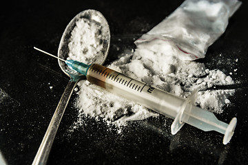 Image showing Drug syringe and cooked heroin on spoon