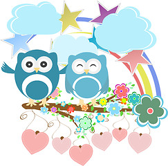 Image showing set - owls, birds, flowers, sky, cloud