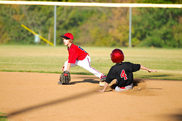 Image showing Little league player getting an out