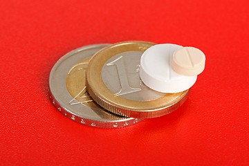 Image showing Macro of two pills on top of euro coins